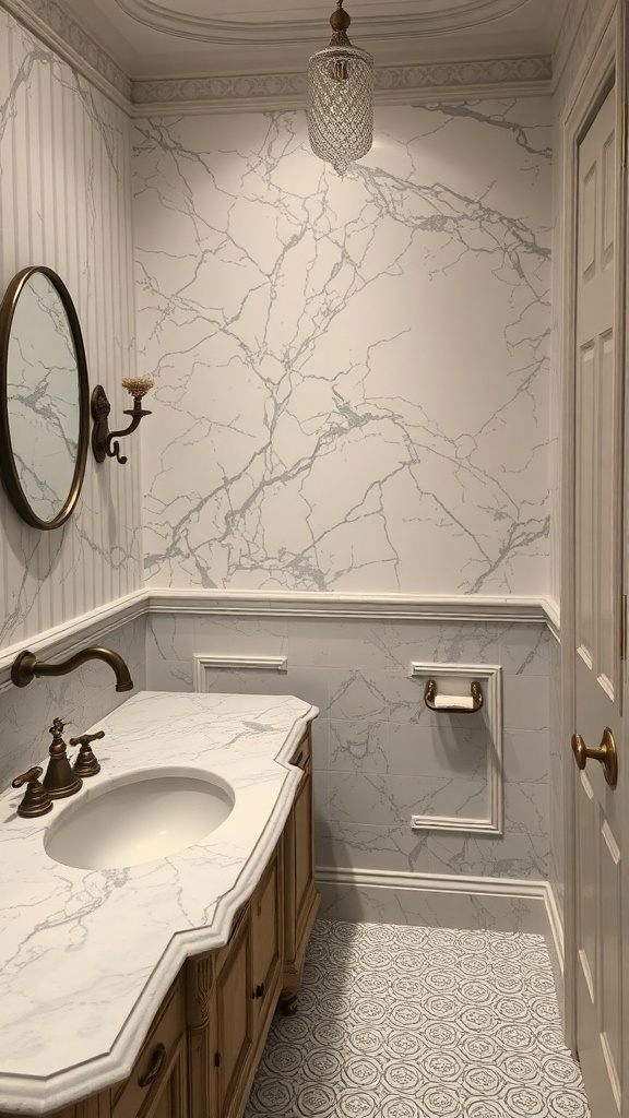 A vintage-inspired bathroom featuring a marble countertop with intricate patterns, wooden cabinetry, and elegant fixtures.