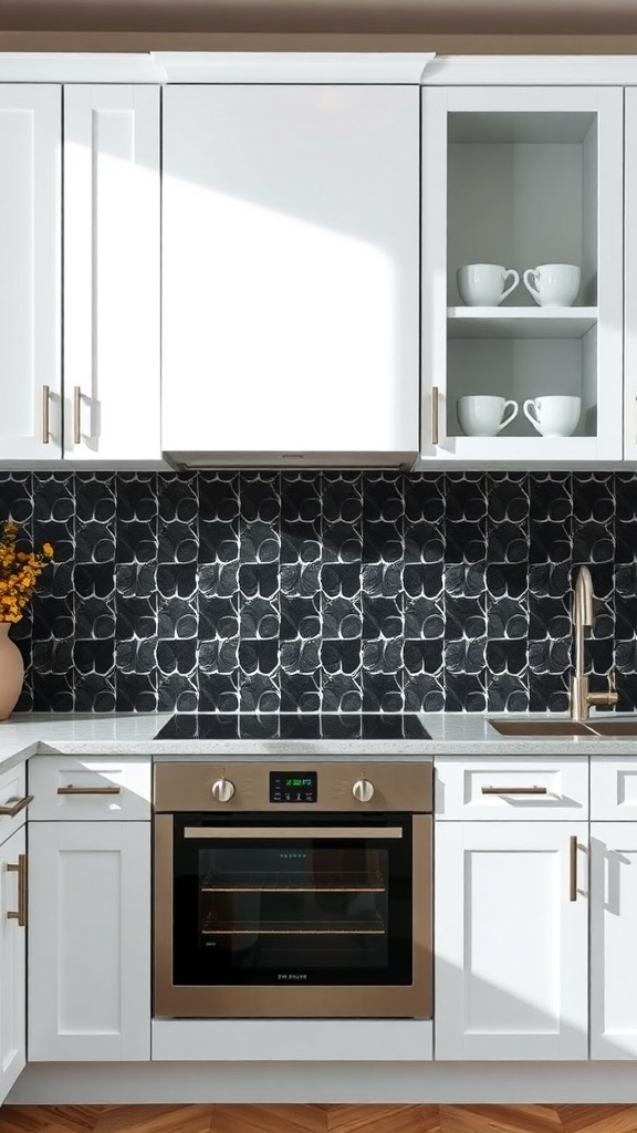 A modern kitchen featuring a black and white geometric backsplash with white cabinets.