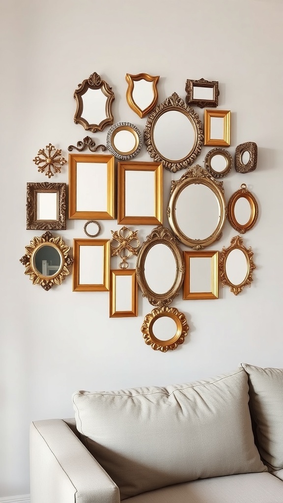 A cluster of decorative mirrors with ornate frames on a wall above a light-colored sofa.