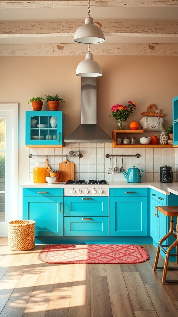 A bright azure kitchen featuring stylish blue cabinets, white countertops, and wooden accents.