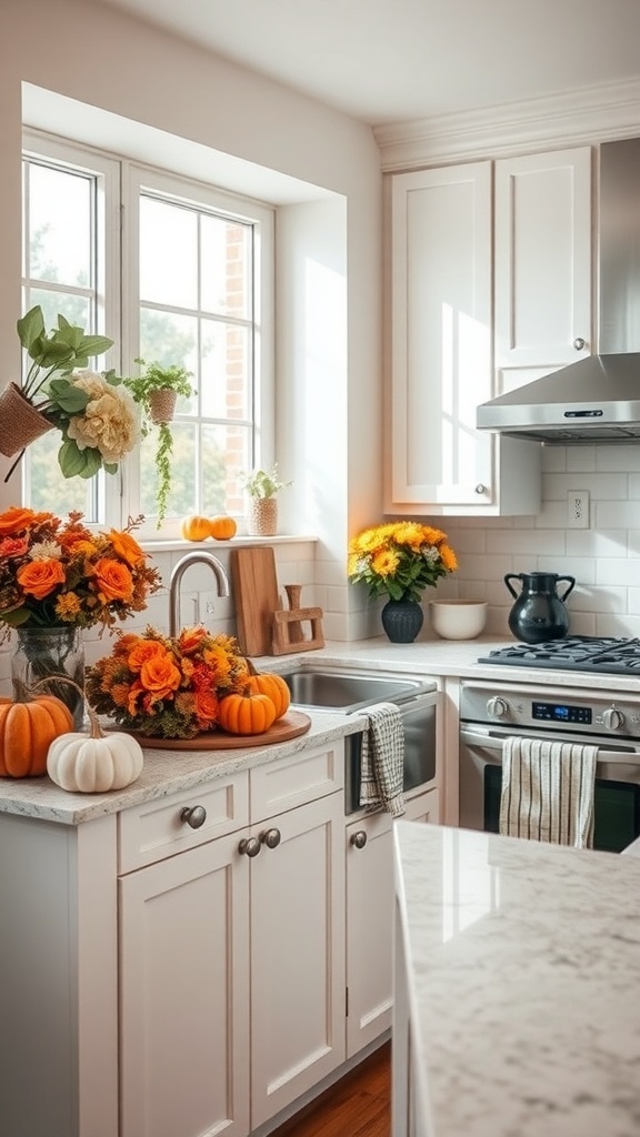 A bright kitchen decorated with autumn flowers and pumpkins, showcasing seasonal decor touches.