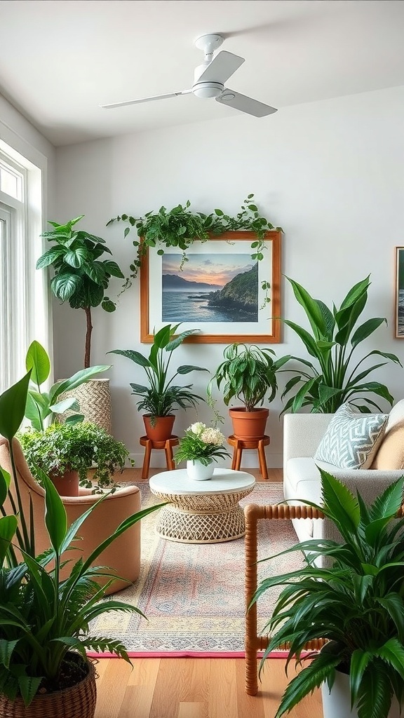 A coastal farmhouse living room with various indoor plants, showcasing a cozy and fresh atmosphere.