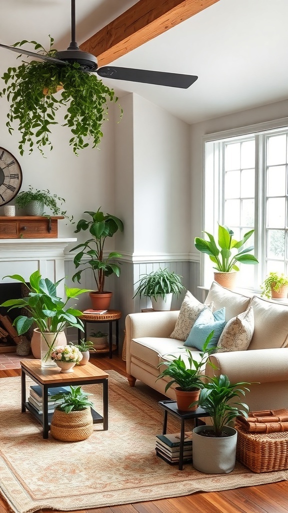 A cozy farmhouse family room filled with various indoor plants, featuring a hanging plant, potted plants on tables, and large windows for natural light.