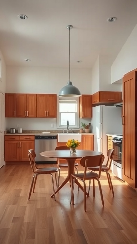 A mid century modern kitchen featuring an integrated dining nook with warm wood tones and clean lines.