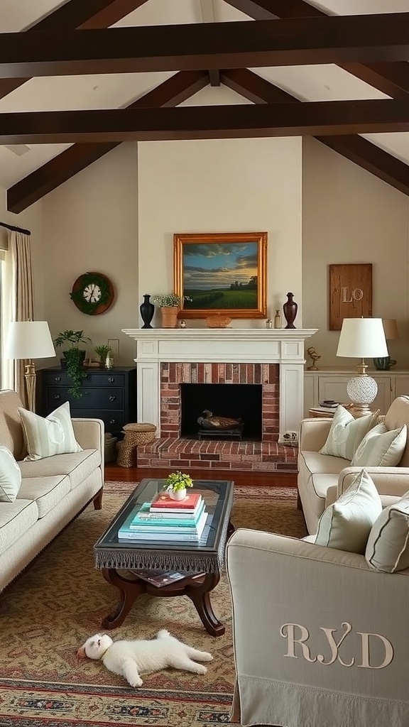 A cozy farmhouse family room with a fireplace, comfortable seating, and personal decorative touches.