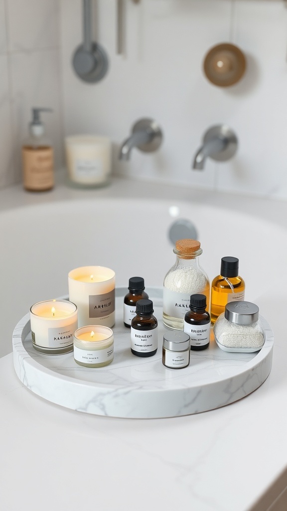 A marble tray featuring candles and spa essentials arranged neatly in a bathroom setting.