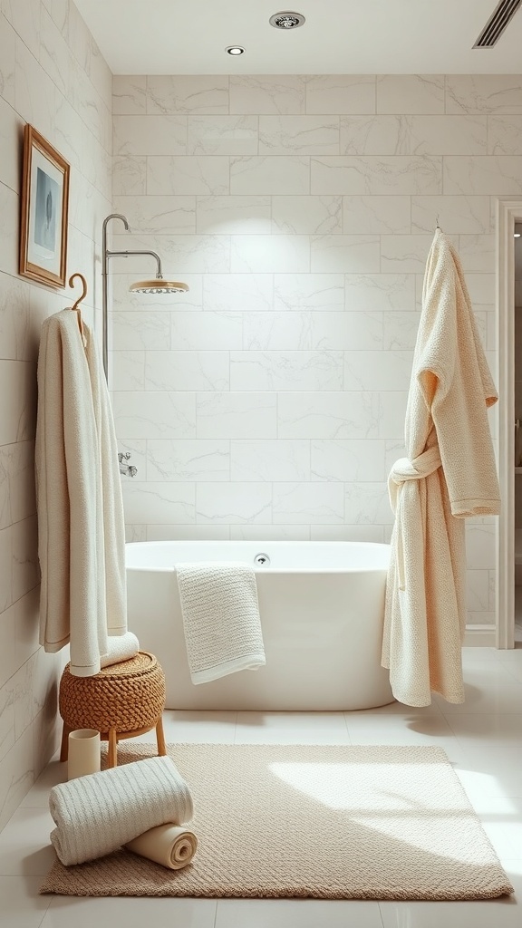 A serene bathroom featuring plush towels, a soft bath mat, and a cozy bathrobe, creating a spa-like atmosphere.