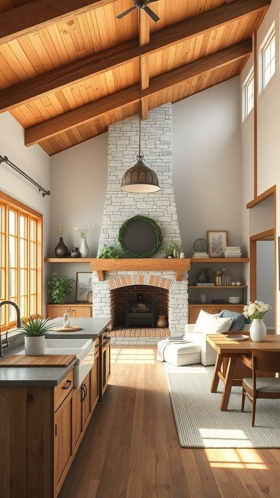 Stylish rustic kitchen and living room combo with open shelving, wood beams, and stone accents.