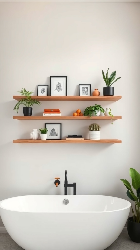 Floating wooden shelves with decorative items above a white bathtub