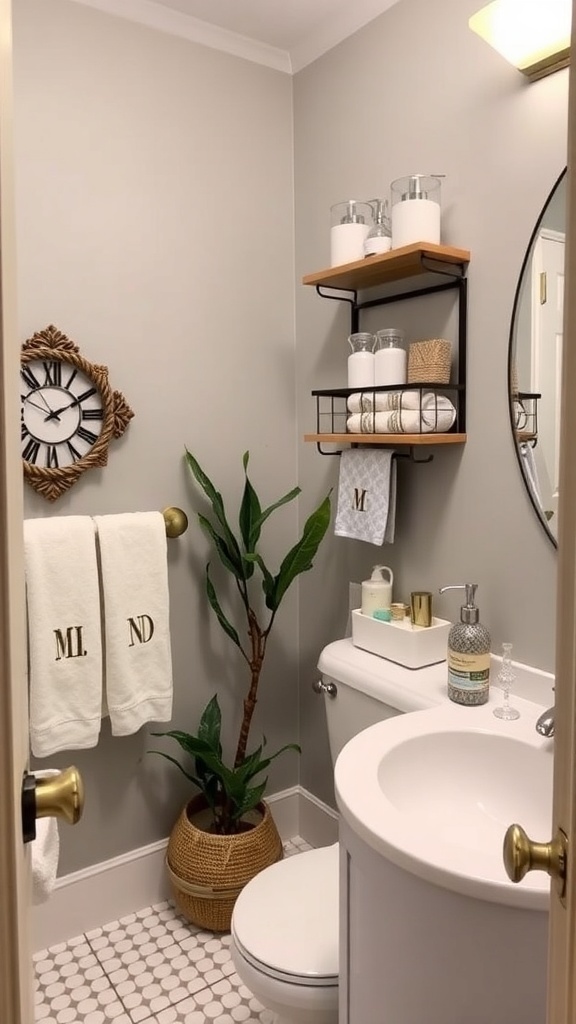 A stylish bathroom featuring gray walls, monogrammed towels, a plant, and open shelving with neatly arranged towels and decor.