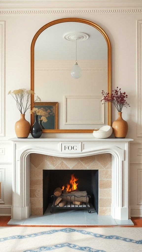 A stylish fireplace with a large arched mirror above it, featuring decorative vases and a cozy fire.