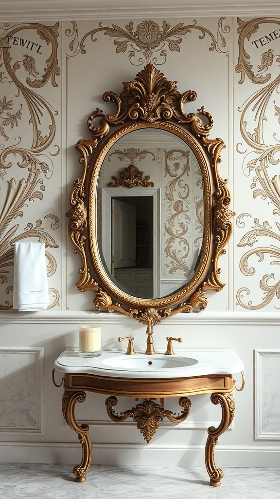 An elegant bathroom featuring an ornate gold-framed mirror above a stylish sink, with decorative wall designs.