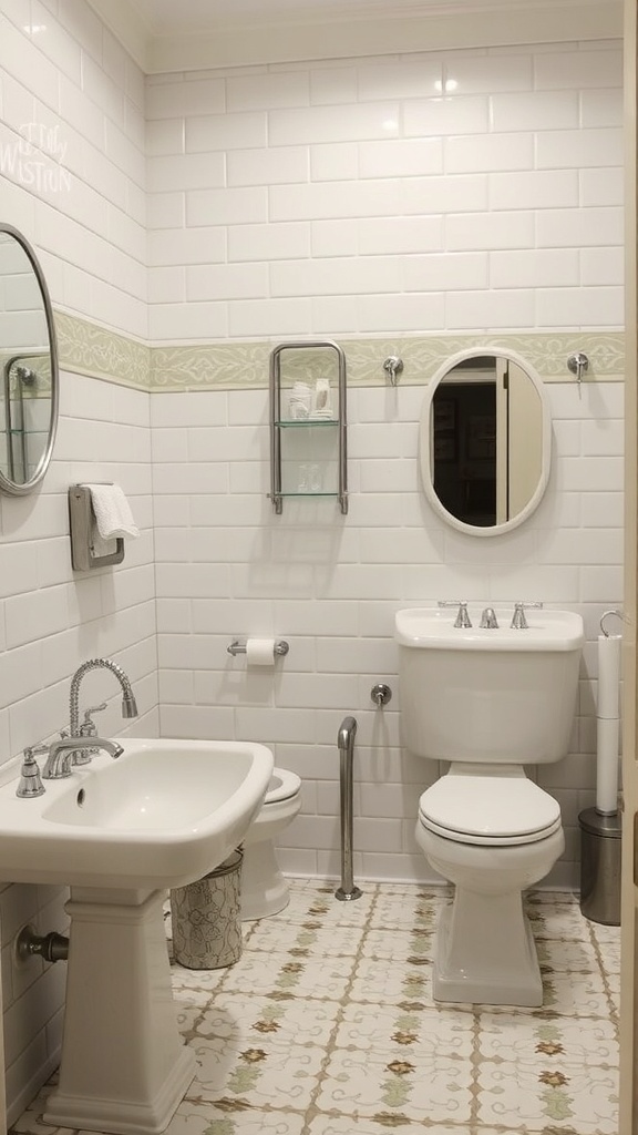 A vintage-style bathroom featuring white tiles, a classic sink, and a decorative floor pattern.
