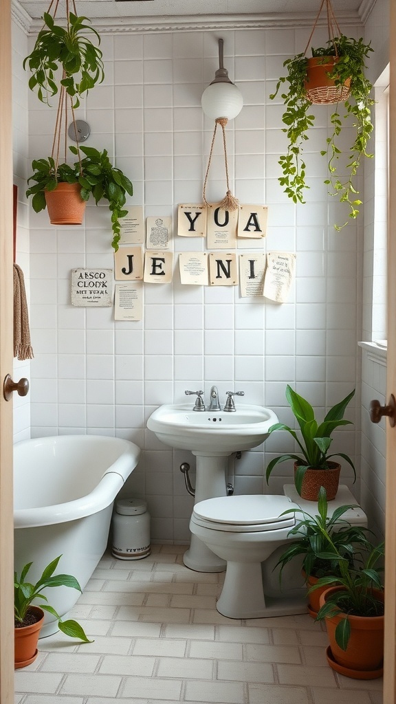 A vintage bathroom with plants, featuring hanging and potted greenery, a bathtub, and a toilet.