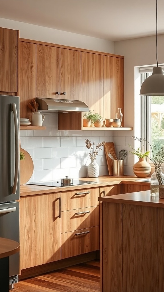 A modern kitchen featuring natural wood accents in cabinets and countertops, with stylish decor elements.