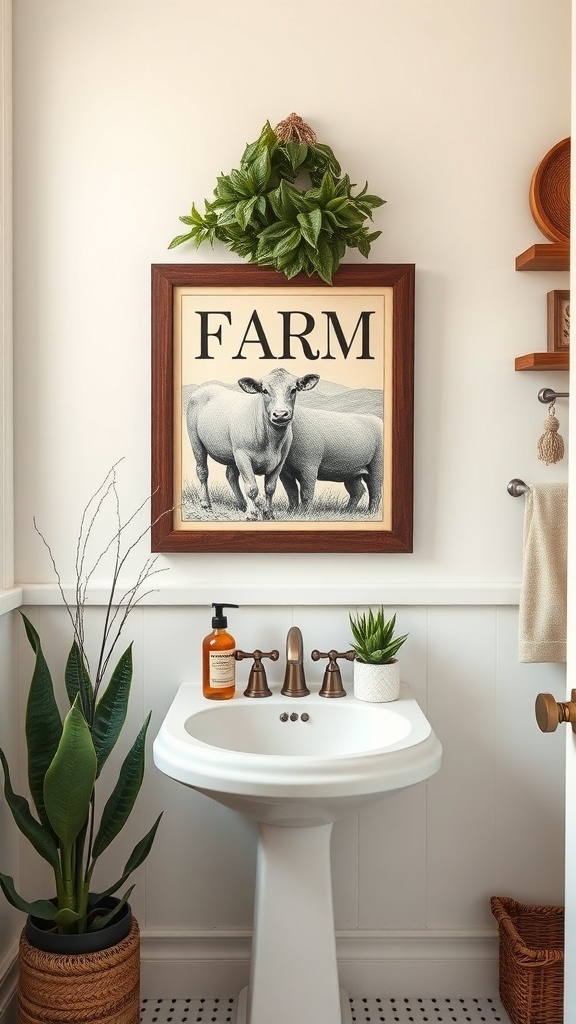 Farm-inspired artwork featuring a cow and the word 'FARM' framed above a sink in a bathroom.