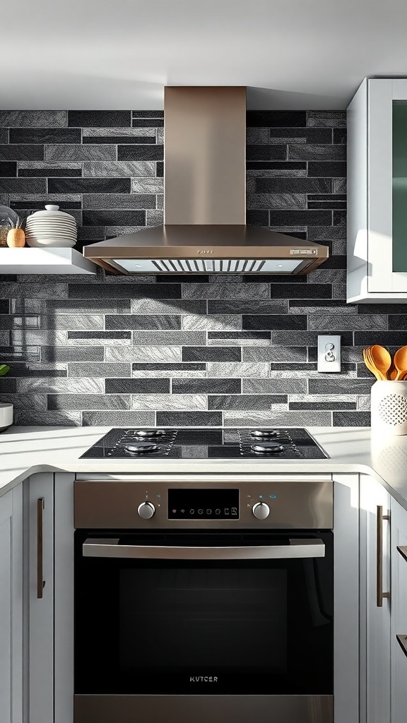 A modern kitchen featuring black and silver metallic tiles as a backsplash, complemented by black cabinets and a sleek countertop.