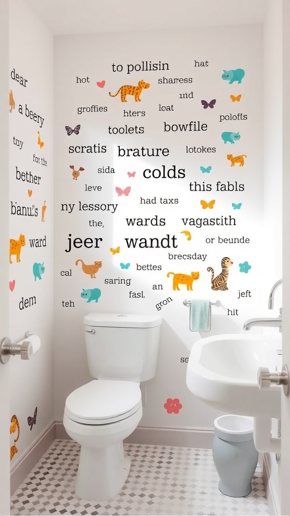 Colorful wall decals in a bathroom featuring animals and playful words.