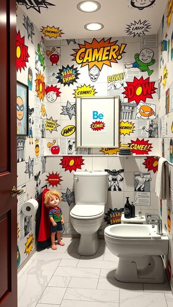 A colorful superhero-themed bathroom with comic book wallpaper and a doll in a superhero cape.