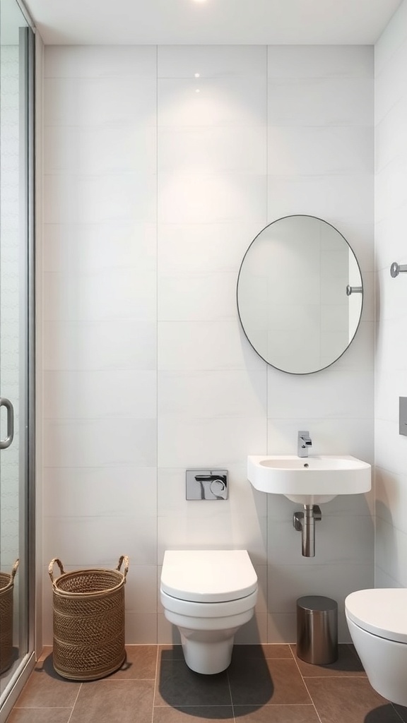 A modern bathroom featuring sleek fixtures, a round mirror, and minimalist design.