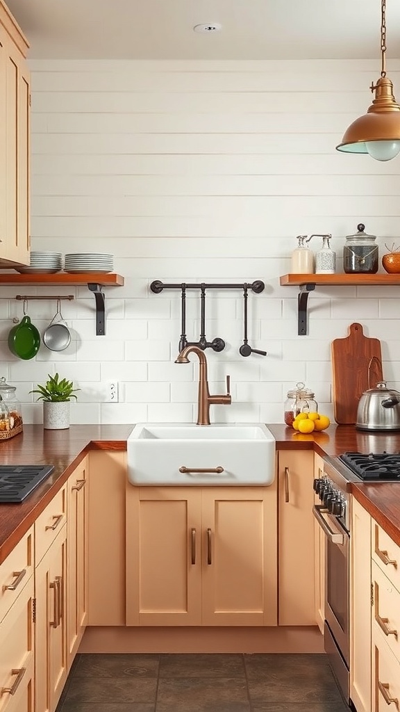 A vintage-inspired kitchen featuring a white shiplap backsplash, rustic wooden countertops, and open shelving.