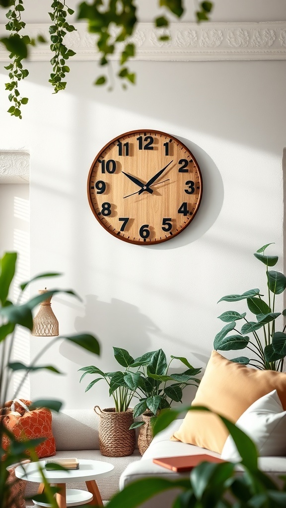 A wooden wall clock with bold numbers surrounded by green plants in a bright living room.