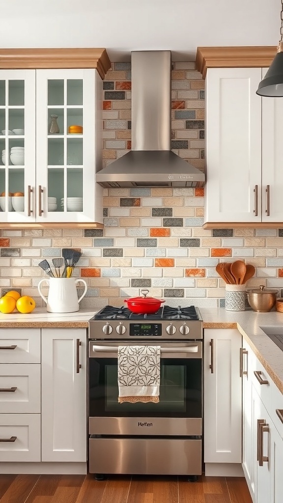 A kitchen with a colorful tile backsplash featuring brightly colored grout, white cabinets, and modern appliances.