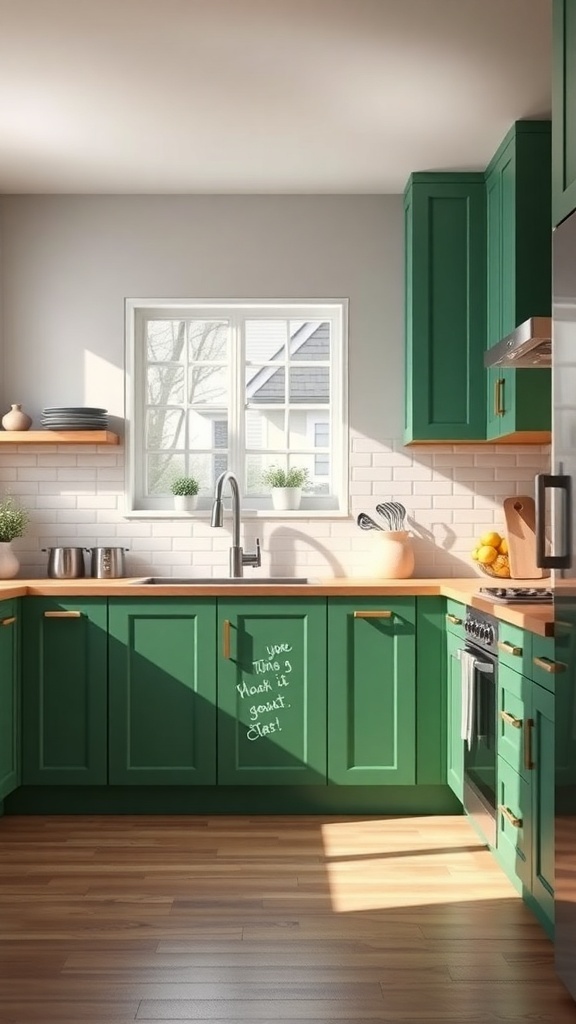 A modern kitchen featuring green cabinets with chalkboard paint, wooden countertops, and white subway tile backsplash.