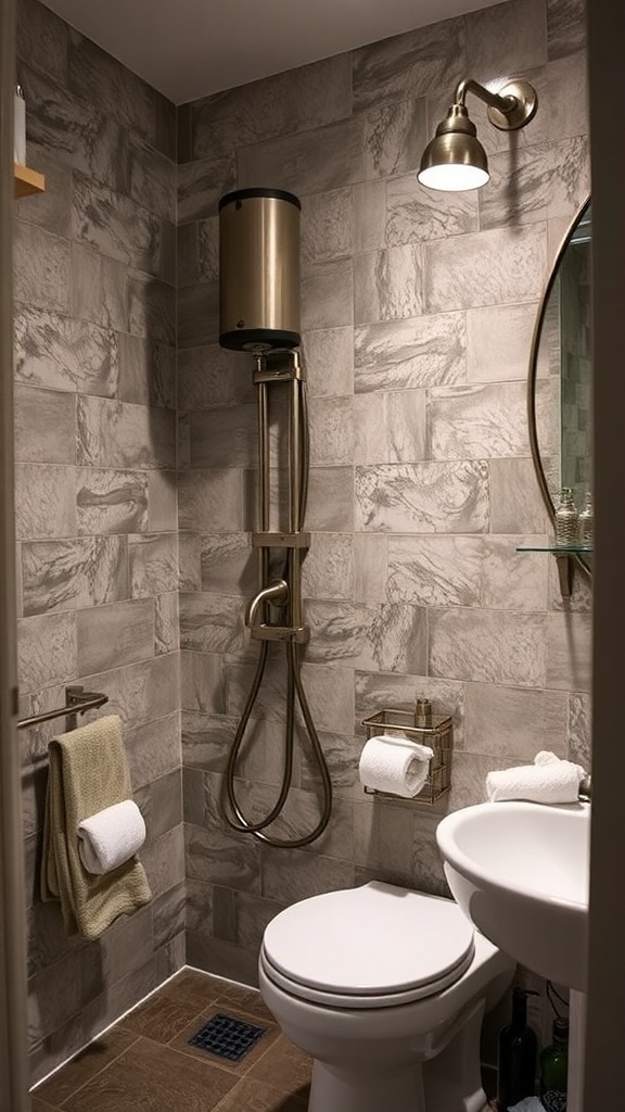 A modern bathroom featuring metallic finishes in fixtures and lighting against gray tiled walls.