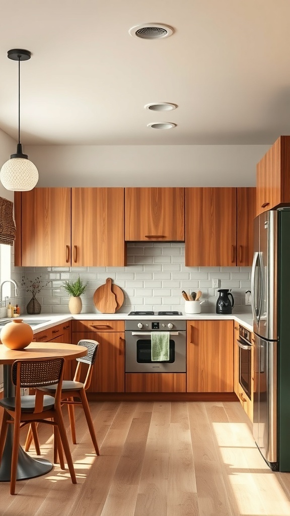 Mid century modern kitchen featuring earthy color palettes with warm wood tones and clean lines.