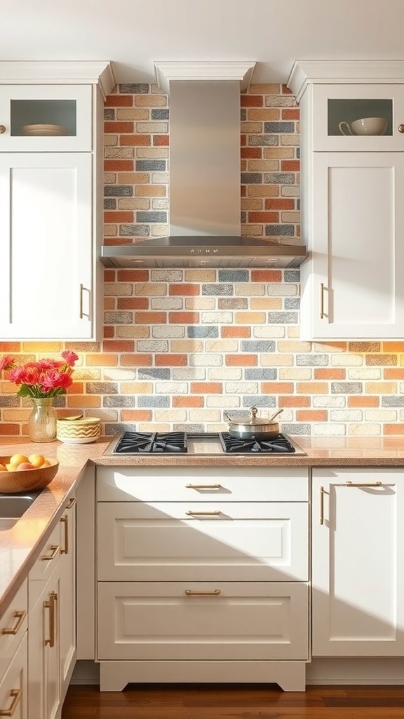 A stylish kitchen featuring a custom mosaic brick backsplash with white cabinets and modern countertops.