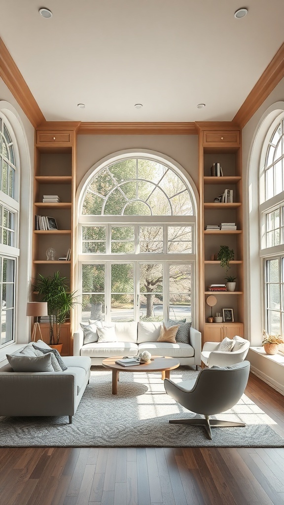 Living room with built-in shelves framing large windows, featuring cozy seating and natural light.