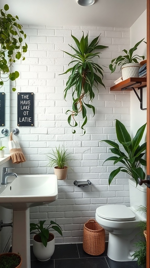 A small bathroom with white brick walls, featuring various plants, a sink, and a toilet.