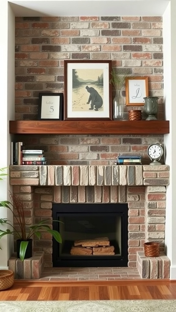 Cozy stone brick fireplace with built-in shelves and decorative items