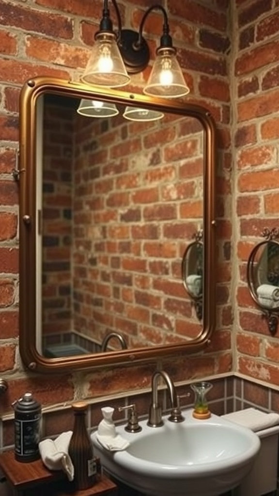 A vintage-style bathroom featuring a brick wall, a metal-framed mirror, and warm lighting.