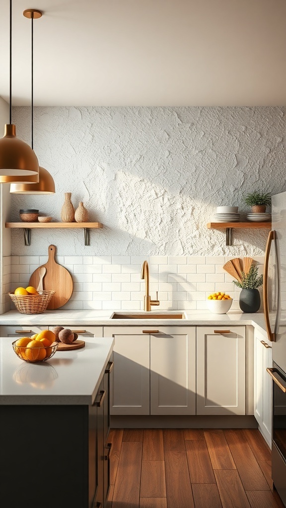 A modern kitchen featuring textured wall panels, wooden shelves, and stylish decor.