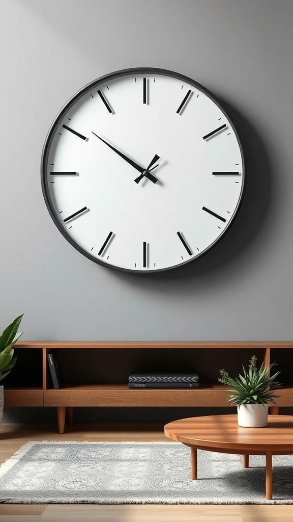A modern minimalist wall clock with a white face and black frame, hanging on a gray wall, accompanied by wooden furniture and a potted plant.