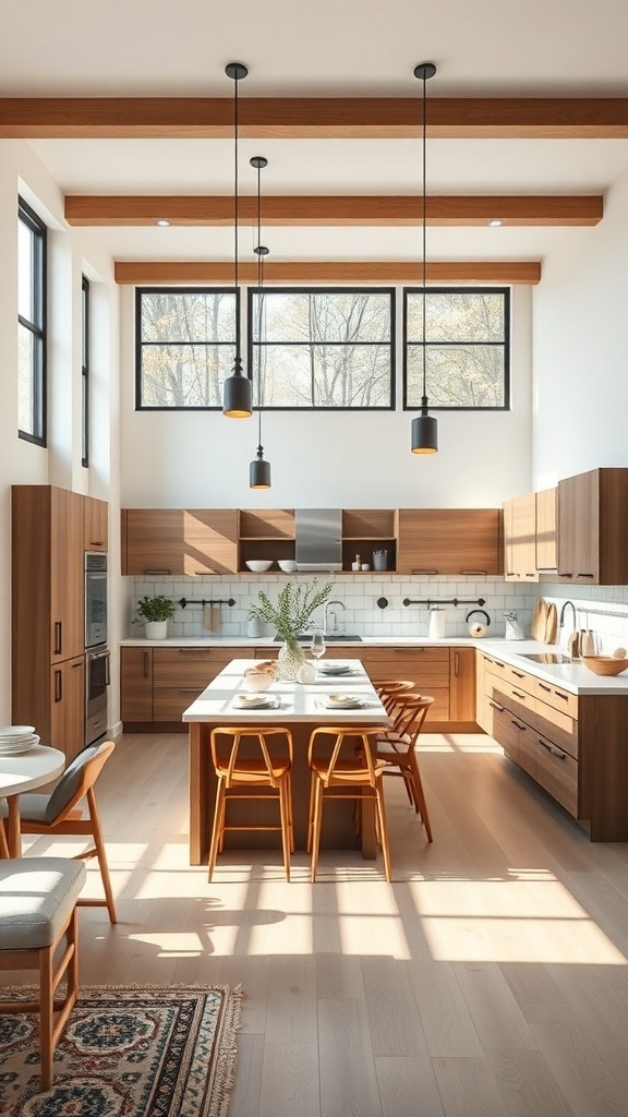A modern kitchen with an open concept layout featuring wood cabinetry, large windows, and a central island.