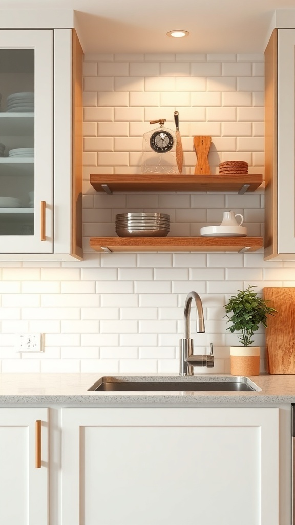 A kitchen with a white subway tile backsplash, wooden shelves, and a modern sink.