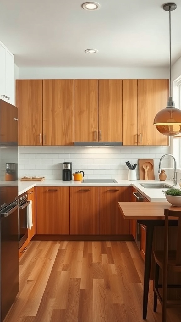 A modern mid century kitchen with warm wood cabinets and a small dining table.