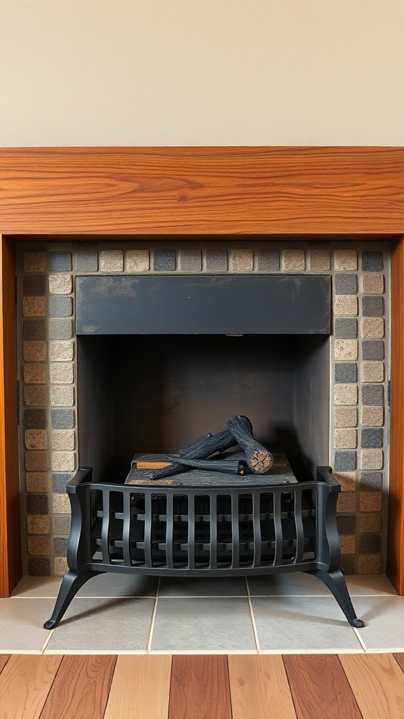 A modern fire grate in a mid-century fireplace with a wooden surround.