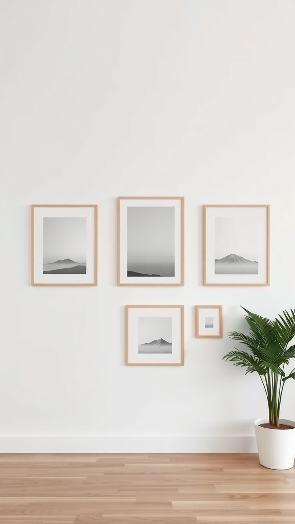 A minimalist gallery wall featuring black-and-white photographs in light wood frames, complemented by a potted plant.