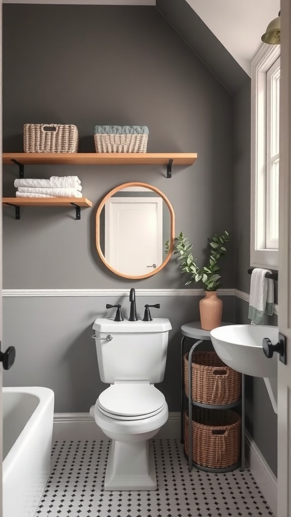 A modern bathroom with gray walls, open shelves holding towels and baskets, a round mirror, and a small plant.