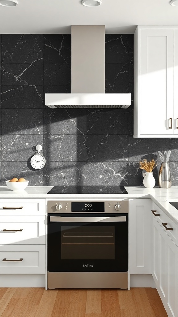 Modern kitchen with black quartz backsplash and white cabinets