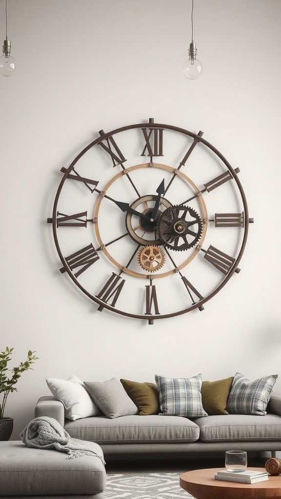 Large industrial style wall clock with metal and wood elements, featuring Roman numerals and visible gears, above a cozy sofa.