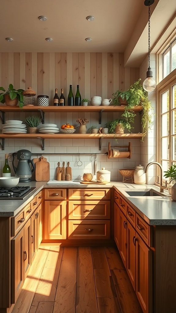 A cozy boho kitchen featuring natural wood cabinets, open shelving, and plants.