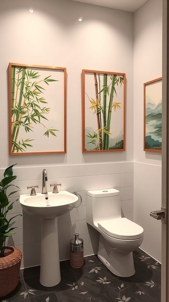 A bathroom with bamboo artwork on the walls, a sink, and a toilet, featuring a plant in a woven basket.