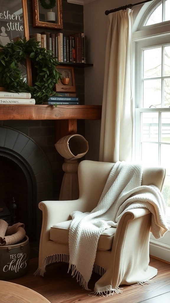 Cozy nook with an armchair and fireplace, featuring a blanket and decorative elements
