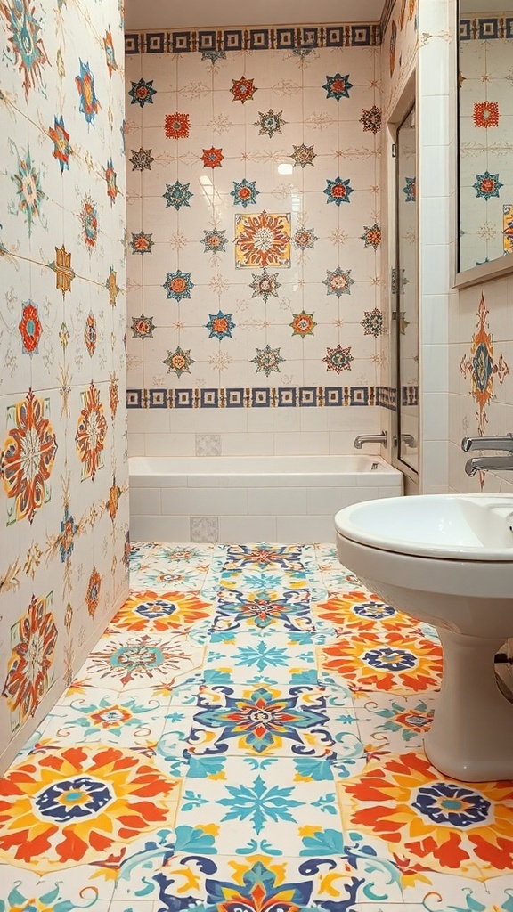 A bohemian bathroom featuring colorful tile patterns on the walls and floor.