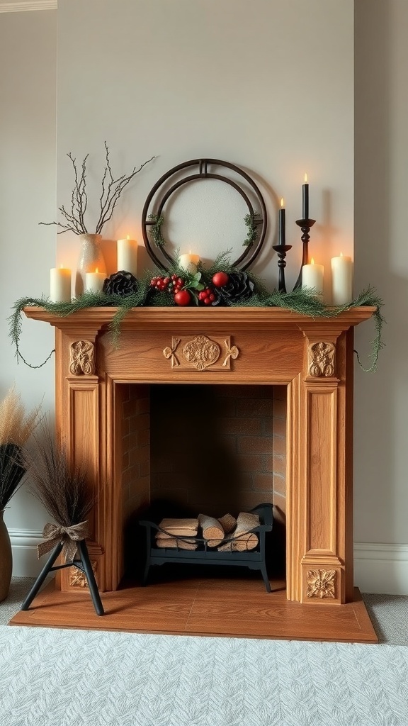 A wooden fireplace mantel decorated with candles, greenery, and seasonal decor.